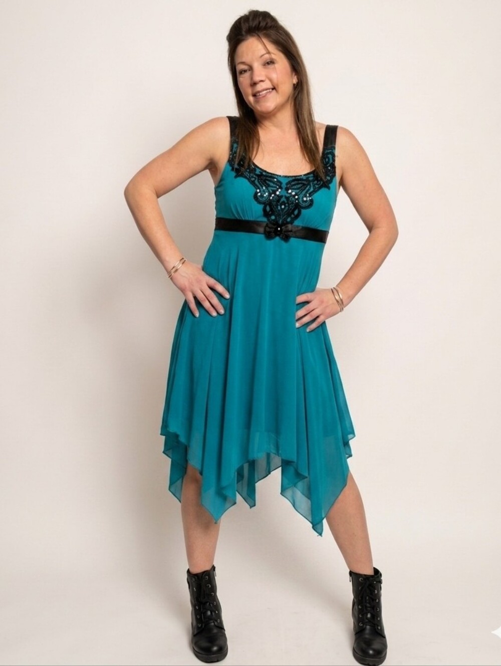 Anthropology "Plastic" Teal Handkerchief Hem Dress Sequin Trim Y2K Fairycore XS